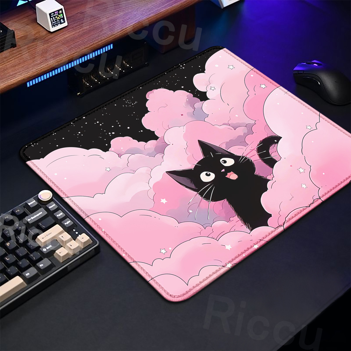 Kawaii gato preto mousepad 18x - Korean Desk Setup avaliação e preço